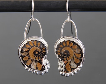 Ammonite Dangle Earrings, Sterling Silver Bezel Set Cabochons, Handmade Silversmith Jewelry, Brown Black Natural Snail Fossil Crustal Druzy