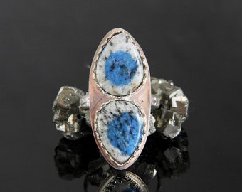 Double Teardrop K2 Jasper Cabochon Ring, Sized to Order,  Bezel Set Grey Granite Blue Azurite Dots, Handmade Silversmith, Unique Statement