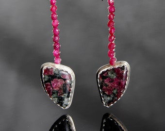 Eudialyte Ruby Long Dangle Earrings, Bezel Set Cabochons, Sterling Silver Handmade Metalsmith, Wire Wrap Gem Bead, Red Green Shoulder Duster