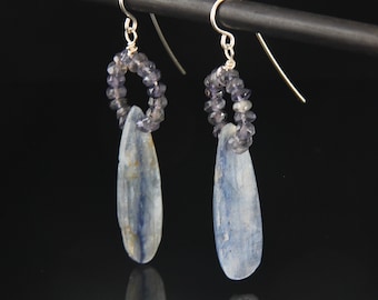Kyanite Slice Iolite Dangle Drop Earrings, Sterling Silver Wire Wrap Beaded Handmade Gemstone Jewelry, Denim Blue Iridescent  Artistic Drama