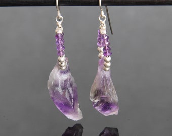 Purple Amethyst Crystal Nugget Drop Dangle Earrings, Sterling Silver Wire Wrapped, Handmade Gemstone Jewelry, Bold Unique Statement