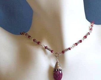 Ruby Nugget Pendant Necklace, Sterling Silver Wire Wrap Bali, Handmade Gemstone Bead Jewelry July Birthstone Gothic Medieval Edgy Statement