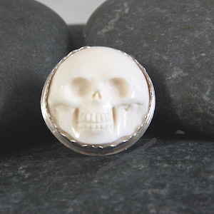 Sterling Silver Carved Bone Skull Round Cabochon Gothic Death Biker Ring - Handmade Metalsmith Silversmith Gem Jewelry - Sized to Order