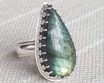 Labradorite Teardrop Ring, Size 8.5, Sterling Silver Bezel Set Cabochon, Handmade Metalsmith Gemstone Jewelry, Iridescent Ornate Statement