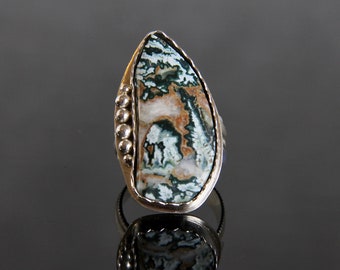 Blue Tide Seam Agate Teardrop Cabochon Ring, Made Sized to Order, Sterling Silver Bezel Set, Handmade Metalsmith, White Onyx Flame Design