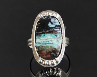 Blue Opalized Petrified Fossil Wood Oval Cabochon Ring, Sized to Order, Sterling Silver Bezel Set, Handmade Metalsmith, Indonesian Mineral