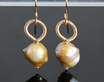 Golden Flameball Baroque Pearl Dangle Drop Earrings, Gold Filled Wire Wrap, Handmade Gemstone Jewelry, Elegant Minimalist, Natural Gold Hew