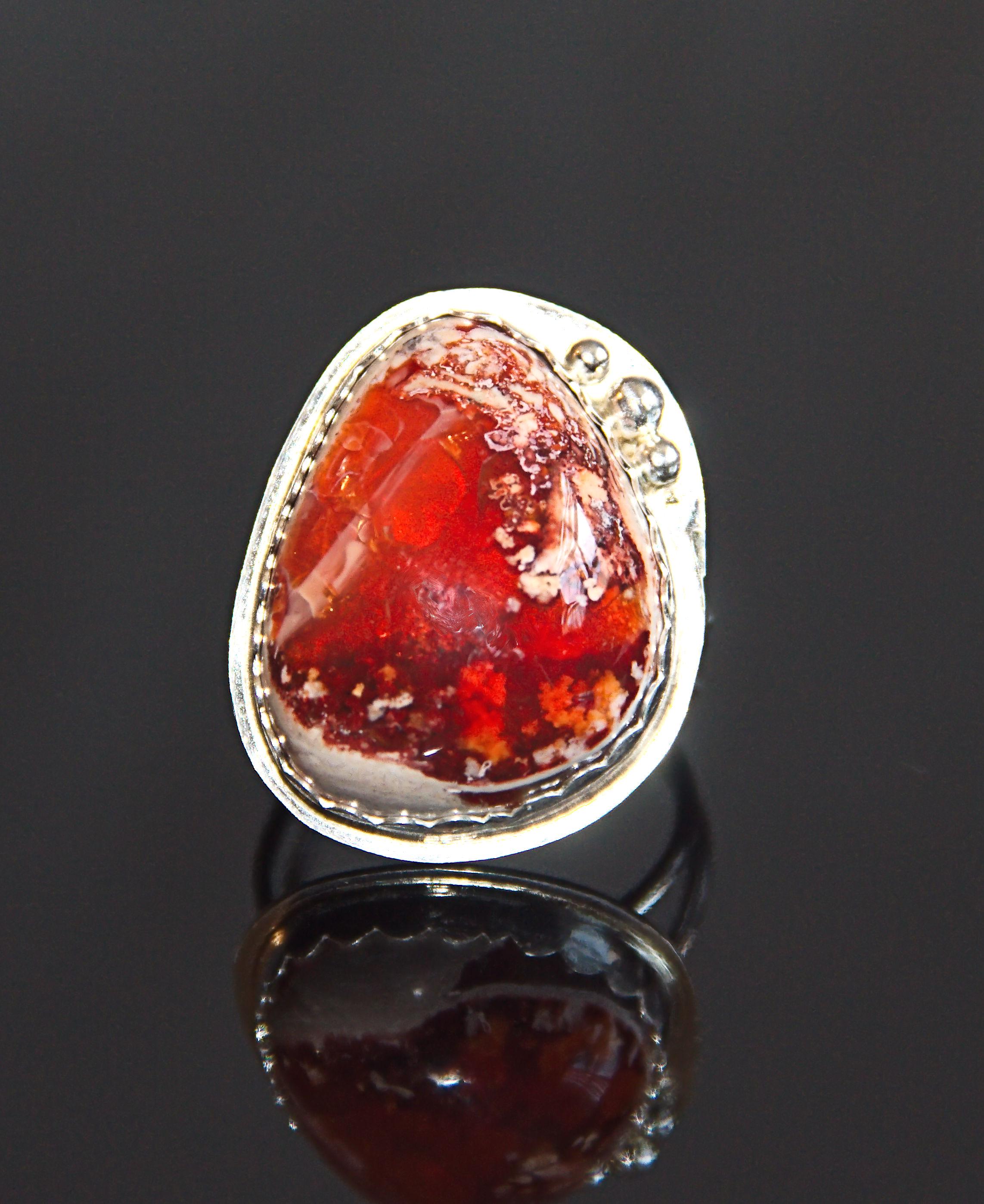 Handmade Mexican Fire Opal Ring with Adjustable Ring Band, Orange Iridescent October Birthstone - National Stone - Sterling Silver