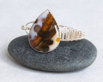 Polka Dot Agate Cuff Bracelet, Teardrop Cabochon, Sterling Silver Wire Wrap Woven Metalsmith, Handmade Bezel Set Gem, Amber Brown White