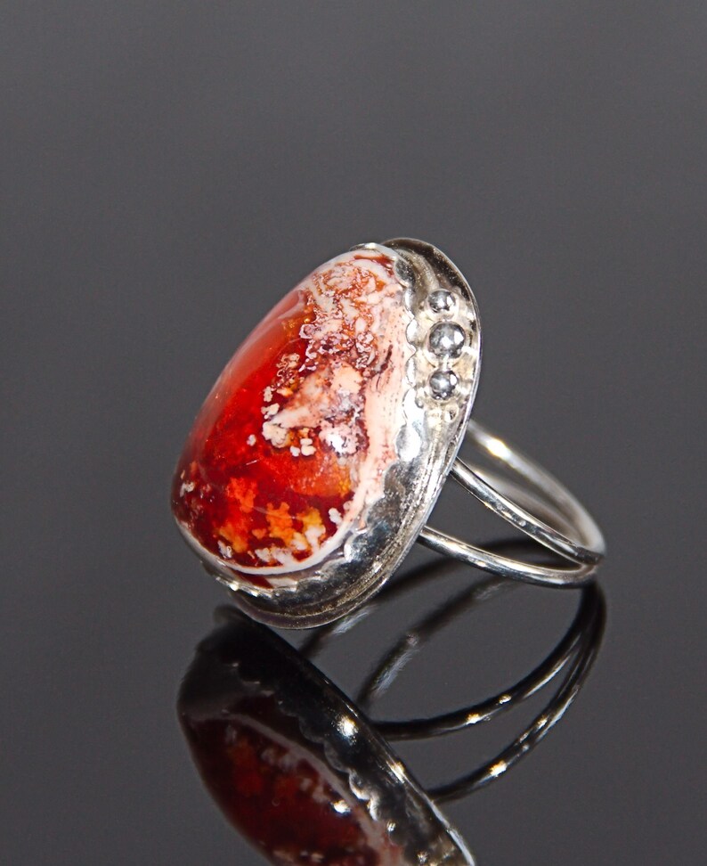 Bague Réglable En Argent Avec Opale De Feu Naturelle Du Mexique - 6.54g - Style Cabochon