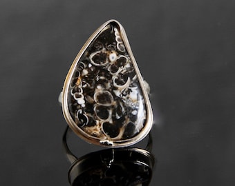 Handmade Turritella Fossil Agate Ring, Teardrop Cabochon Gemstone, Sized to Order, Sterling Silver Metalsmith, Snail Fossil Statement