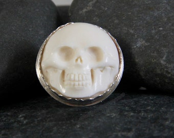 Carved Bone Skull Round Cabochon, Sized to Order, Sterling Silver Bezel Set, Handmade Metalsmith Gem Jewelry, White Gothic Death Biker
