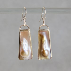 Cream Blister Pearl Sterling Silver Dangle Earrings, Handmade Gemstone Jewelry for June Bridal, Unique Mother of Pearl Design