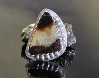 Septarian Jasper Geode Triangular Cabochon Ring, Sized To Order, Silver Bezel Set Handmade Metalsmith Gem Jewelry, Dragon Stone Yellow Brown