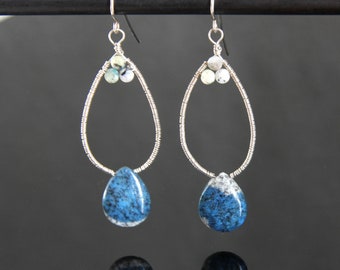 K2 Jasper Teardrop Dangle Earrings, Sterling Silver Wire Wrapped, Handmade Gem Bead Jewelry, Grey Granite Blue Azurite Dot, Bold Statement