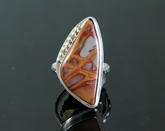 Noreena Jasper Triangular Cabochon Ring, Sized to Order, Sterling Silver Bezel Set, Handmade Metalsmith Gem Jewelry Rusty Red Mustard Yellow