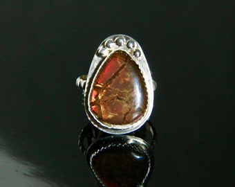 Ammolite Dragon Skin Cabochon Ring, Sterling Bezel Set, Sized To Order, Handmade Metalsmith Gem Jewelry, Teardrop Red Orange Iridescent