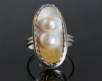 Creamy White Double Blister Pearl Oval Cabochon Ring, Mabe Oval, Sized to Order, Sterling Silver Bezel Set, Handmade Metalsmith, June Bride