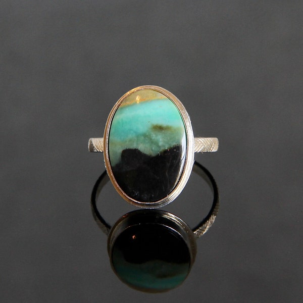 Blue Opalized Fossil Wood Oval Cabochon Ring, Sized to Order, Sterling Silver Bezel Set, Handmade Metalsmith, Natural Indonesian Mineral