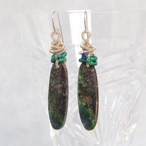 Chrysocolla Azurite Teardrop Dangle Earrings, Sterling Silver Wire Wrap Coiled, Handmade Gem Bead Jewelry, Blue Green Unique Boho Statement