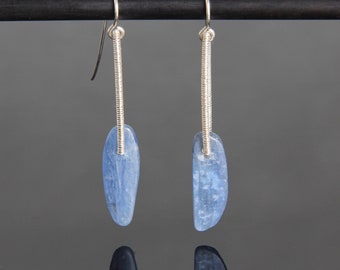 Sky Blue Kyanite Oval Slice Earrings, Sterling Silver Wire Wrapped, Handmade Gemstone Jewelry, Unique Metaphysical Statement Shoulder Duster