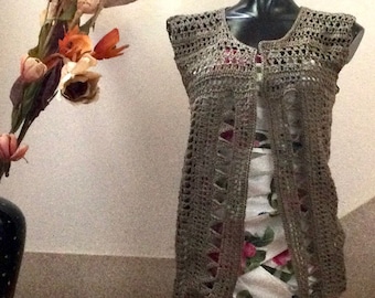 Crochet vest in light brown cotton, women's summer outerwear, sleeveless cardigan for her