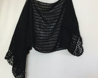 Large black merino wool crochet scarf, warm and lightweight stole for all seasons, shrug with lace