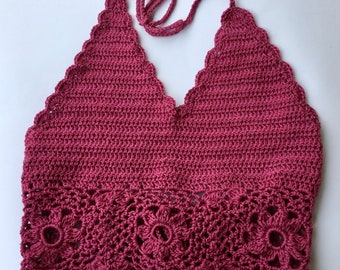 Crochet top with granny squares band in fuchsia pink cotton, bare back crop top