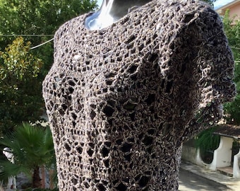 Crochet sweater in blue and brown melange cotton, lace beach cover-up, short-sleeved tunic