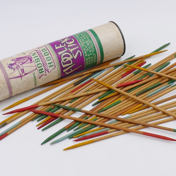 Vintage 1950's Wooden Mikado Pick Up Sticks Fiddle Sticks Pick Up Stix Original Storage Canister