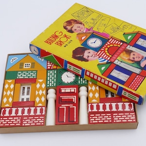 Vintage 1970&#39;s Wooden Hand Painted Children Toy Building Blocks Original Box