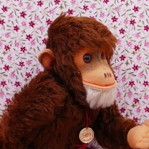 Op de afbeelding: Een bruin pluche aapje met een wit gezicht en een rood touwtje om zijn nek. De aap draagt een label met de tekst "Teddy Original".