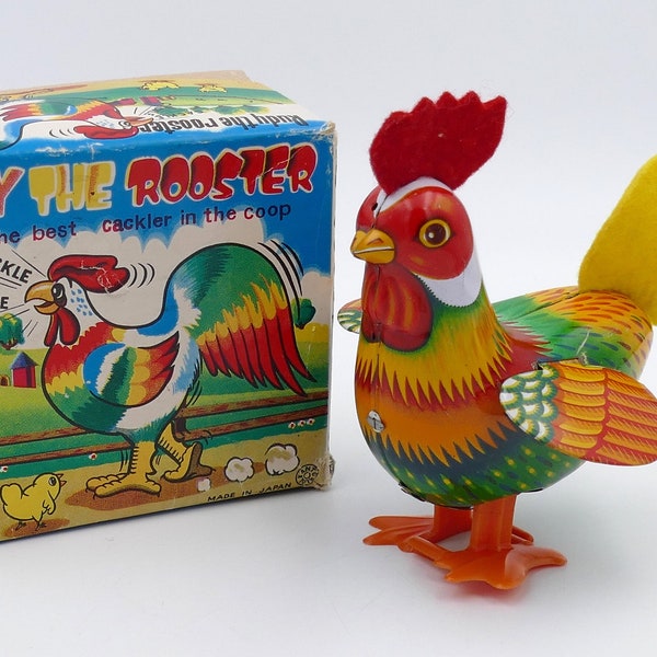 1970's Tin Litho Wind-up Clockwork 'Rudy the Rooster' Mechanical Toy Original Box Japan