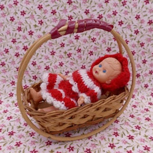 Vintage 1960&#39;s Wicker Toy Doll Cradle PLUS Hong Kong Baby Doll