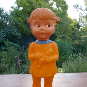 Vintage 1960&#39;s Girl Holding Doll Hollow Plastic Figurine