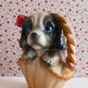 Vintage Ceramic Big Eyed Puppy in Basket Ornament