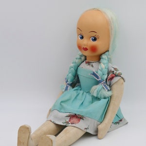 1950&#39;s Vintage Blue Haired Hand-painted Celluloid Face Sawdust Polish Doll Collectable
