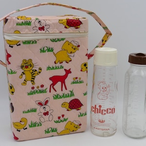 Vintage jaren 1960 babykamer PVC bedekt piepschuim isolatie babyflessenwarmer vervoerder glazen babyflessen Chicco Evenflo babyfles