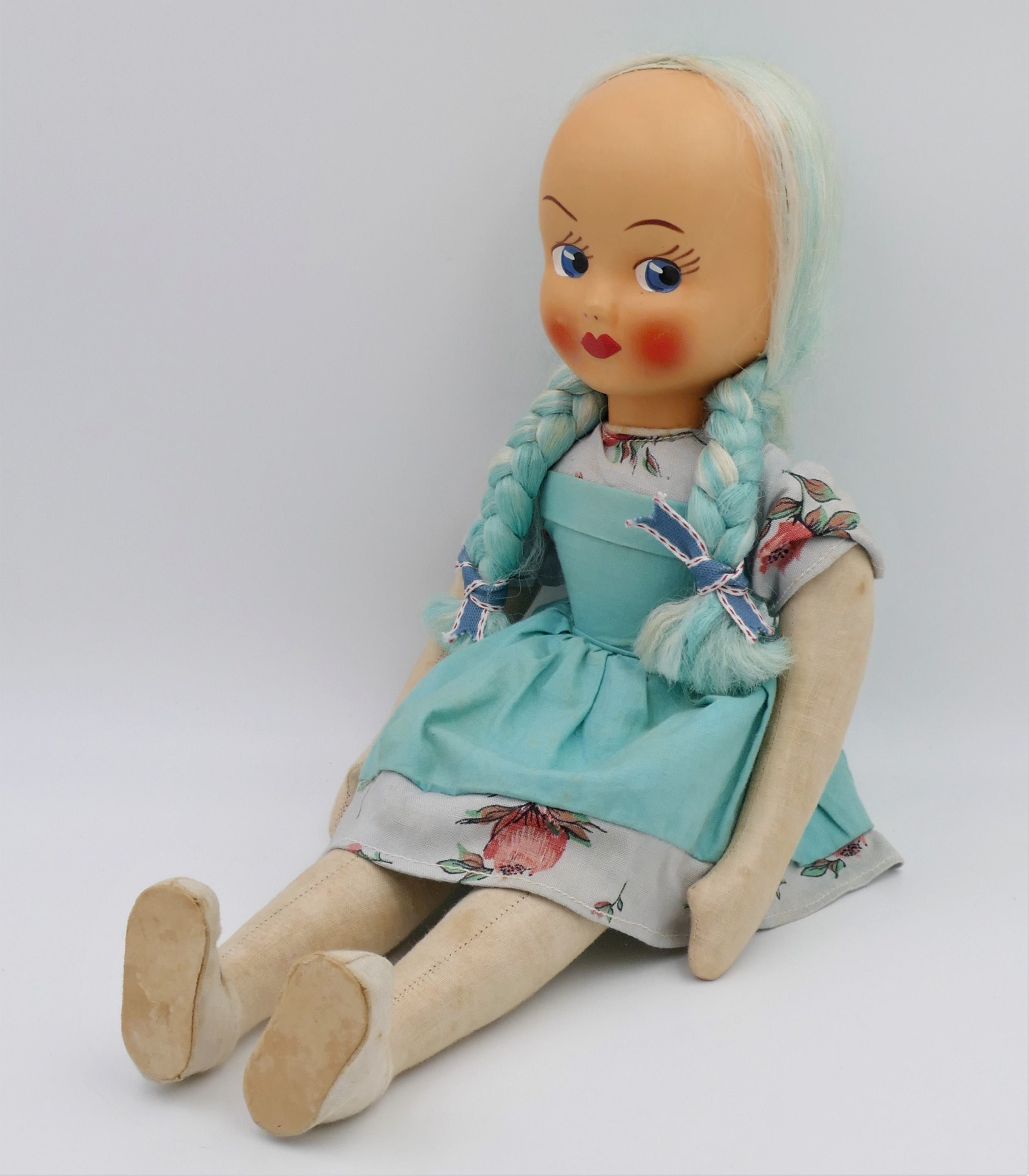 1950's Vintage Blue Haired Hand-painted Celluloid Face Sawdust