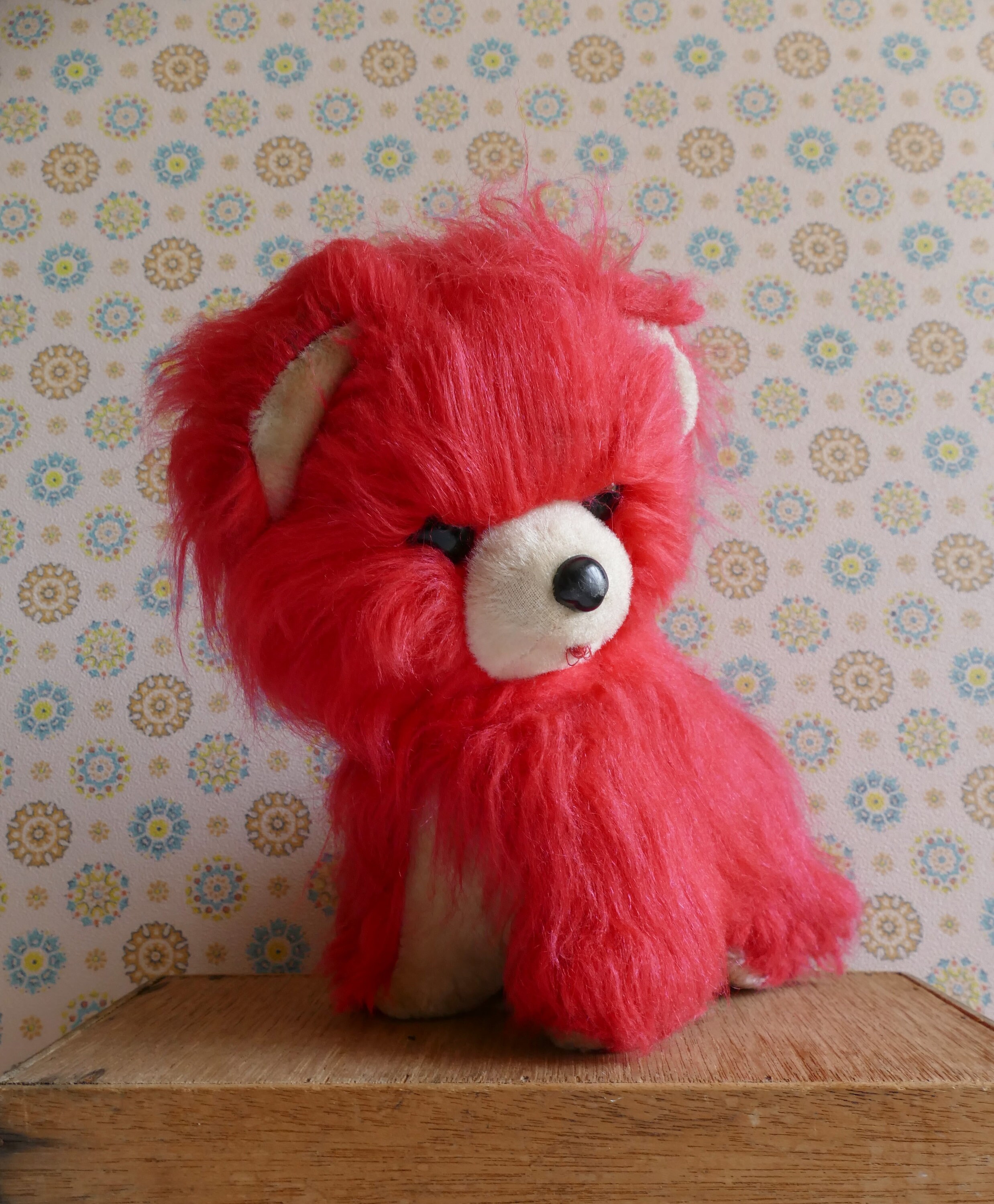 Vintage 1960's Fluffy Cerise Red Glook Style Dog Soft Toy Bandai