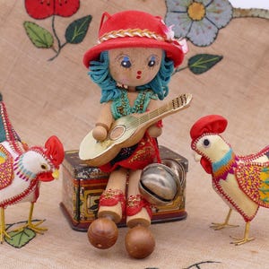 Vintage Wooden Hand-painted Folk Art Doll Rooster Figurines