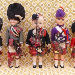 Lot of Five Vintage Sleepy Eye Scottish Highland Folk Art Heritage Dolls Traditional Uniforms