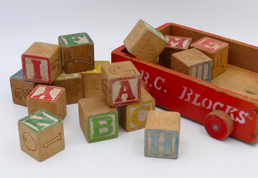 Vintage Baby Toddler Wooden ABC Alphabet Building Blocks Cart - Etsy