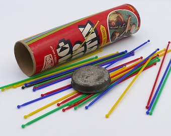 Vintage 1970's Wooden Pick Up Sticks Mikado Fiddle Sticks Pick Up Stix Original Storage Canister
