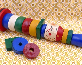 Jouet de construction de clowns en bois vintage, blocs empilables