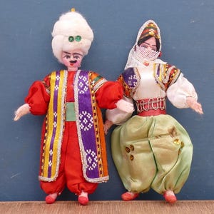 Pair of Vintage Handmade Turkish Ottoman Felt Folk Art Figurine Dolls