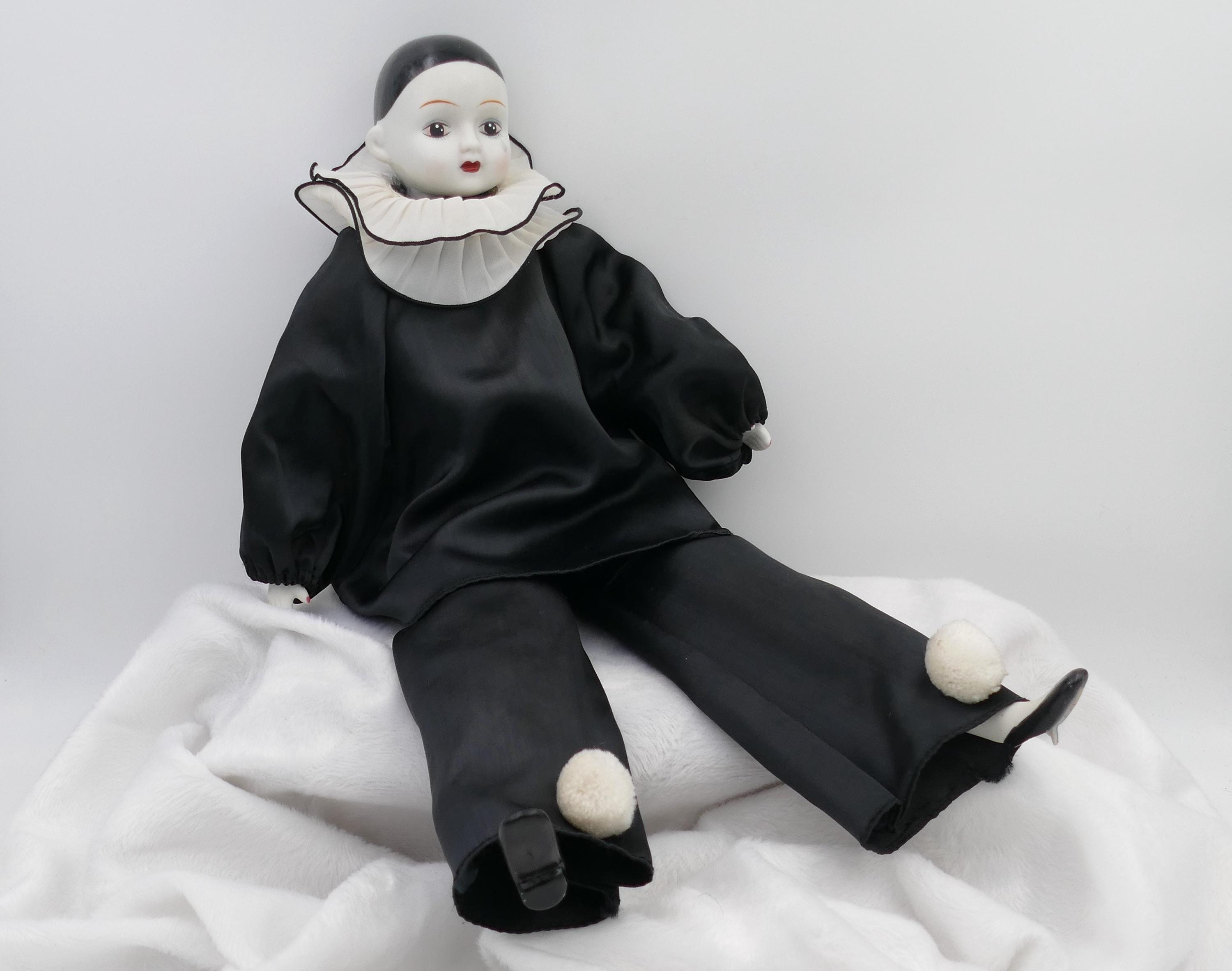 Vintage 1980s Pierrot Sad Clown Porcelain Doll in Black and