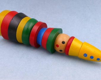 Jouet de construction de clowns en bois vintage, blocs empilables