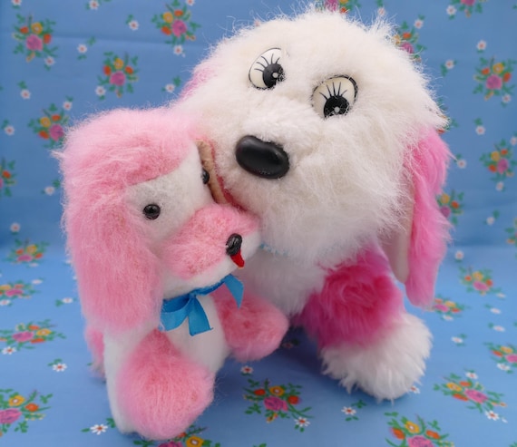Pair of Vintage Pink White Puppy Dog Carnival Prize Plush Soft
