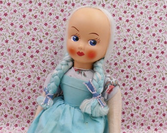 1950's Vintage Blue Haired Hand-painted Celluloid Face Sawdust Polish Doll Collectable